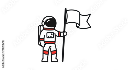 Cartoon astronaut in a white suit holding a blank flag on a pole.