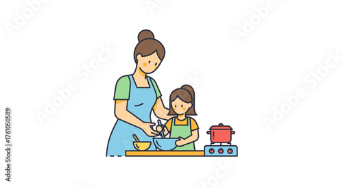 Mother and daughter happily cooking together in a kitchen setting.