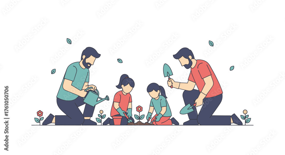 Fototapeta premium Two fathers and two children planting flowers in a garden together.