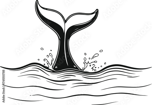 Minimal whale tail splashing water in clean contour line, bold black outline 3