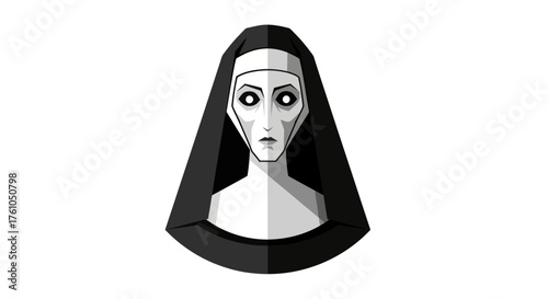 Stylized Illustration of a Frightening Nun with Wide Eyes.