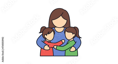 Loving mother hugging two young daughters cartoon illustration.