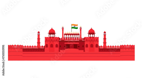 Stylized Red Fort of Delhi India with Indian flag illustration.
