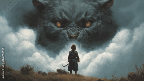 Mystical giant cloud cat with glowing eyes looming over a small person on a desolate hill, dramatic fantasy art