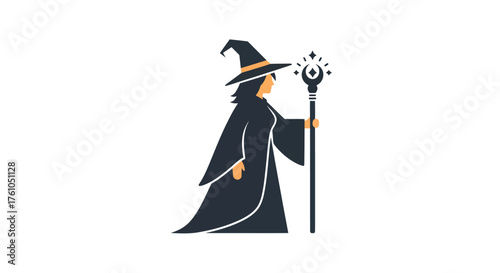 Silhouette of a Witch Holding a Magical Staff.