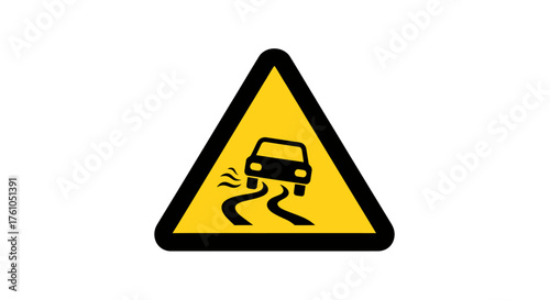 Yellow triangular warning sign for slippery road conditions with skidding car icon.