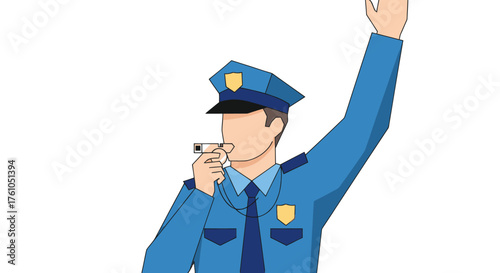Vector illustration of a police officer in a blue uniform blowing a whistle with his arm raised.