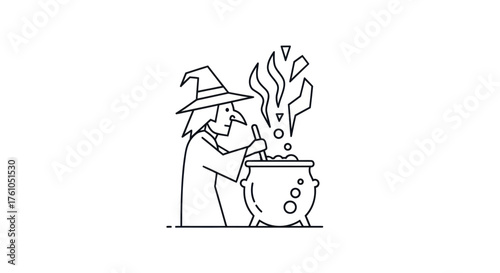 Cartoon witch with a pointed hat stirring a bubbling magic potion in a large cauldron line art icon.
