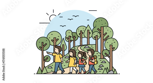 Group of Children Hiking on Forest Trail Sunny Day.