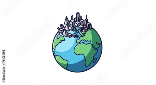 Vibrant Cartoon Earth Globe Topped with Urban Cityscape and Industrial Structures.