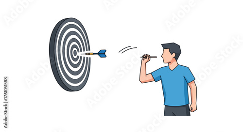 Man throwing a dart at a dartboard hitting the bullseye.