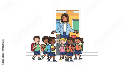 Diverse group of young students entering a classroom guided by a smiling teacher.
