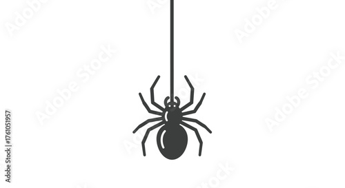 Silhouette of a black spider hanging from a thin thread.