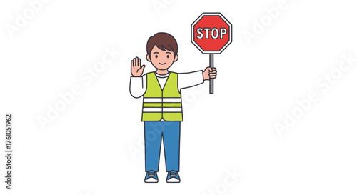Cartoon crossing guard wearing a safety vest and holding a red stop sign.