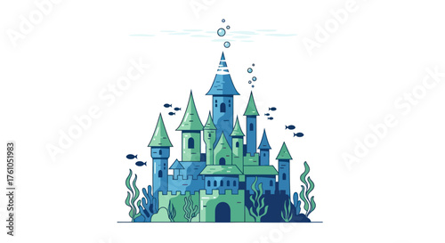 Colorful Underwater Castle with Towers Bubbles and Fish.