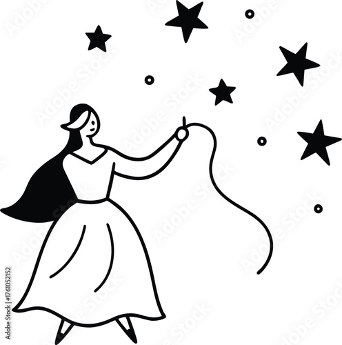 Fairy Queen Weaving Stars into Night Sky Coloring Illustration on Transparent Background