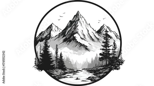 Monochrome vector illustration of majestic mountains, evergreen forest, and river in a circular frame. Hand-drawn vintage nature landscape.