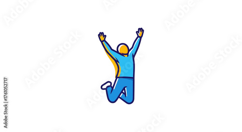 Jumping for joy celebrating success with hands raised against white background perfect for illustrating achievement excitement and positive emotion.