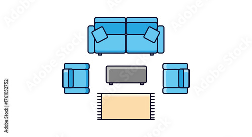 living room layout comfortable blue sofa armchairs coffee table and rug creating a cozy interior design concept for home decor projects.