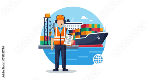 logistics management supervisor with clipboard at shipping port overseeing cargo ship ensuring efficient global trade  supply chain solutions