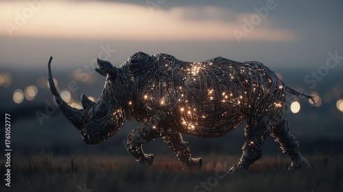 A rhino made of metal wires walks through the grass with lights shining through the wires. The wires form the rhino, glowing in the evening. The silhouette contrasts with the grass.