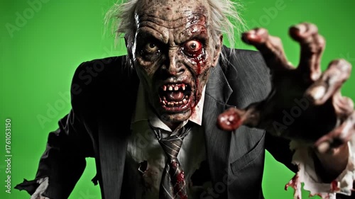 zombie man in a black business suit rushes toward the camera on a green screen chromakey background, perfect for horror visual effects, Halloween projects, and post-apocalyptic scenes. Realistic undea