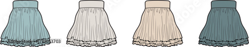 A set of four vector fashion flat sketches of a tiered mini skirt with a smocked waistband and lace trim details in different colors