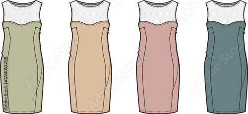 Collection of technical flat sketches showing a women's sleeveless sheath dress with a mesh yoke in four different colorways