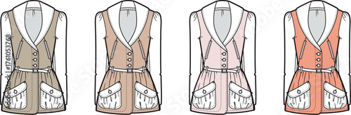 Fashion illustration of ladies' vests in four different colors, detailed with pockets and belts