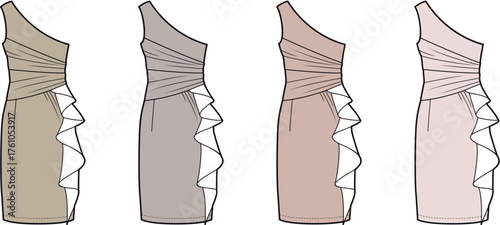 Fashion design template of a glamorous one-shoulder formal dress with a ruched bodice and cascading side ruffle, illustrated in a neutral color palette