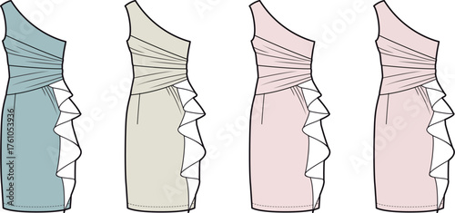 Fashion sketch of a stylish one-shoulder dress with ruffle detail available in multiple colors