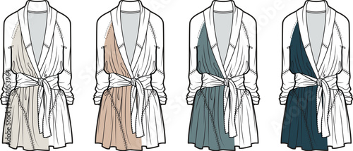 Fashion Design Illustrations Elegant Dress Variations with Flowing Fabrics and Belted Waistlines