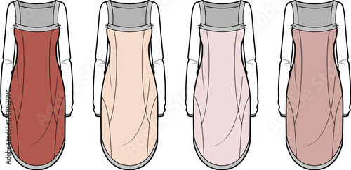 Fashion design technical flat sketch of a women's layered cami slip dress over a long sleeve shirt. Set of four color options for apparel collection