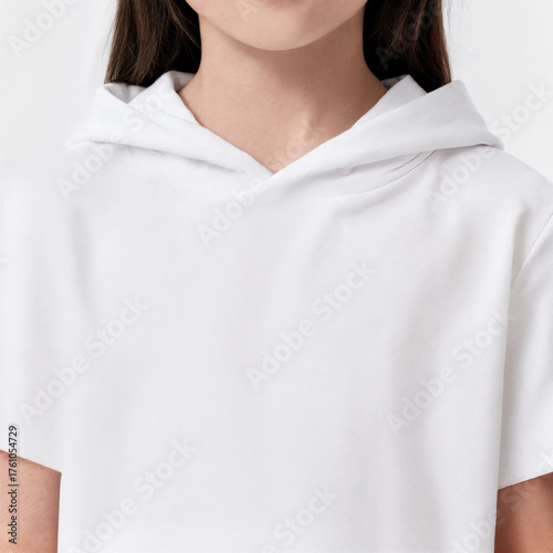 A young girl with long brown hair wears a white hoodie. The focus is on her upper body, showcasing a casual and comfortable style.