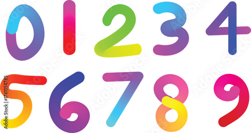 Brightly colored hand drawn numbers zero through nine with rainbow gradient effect