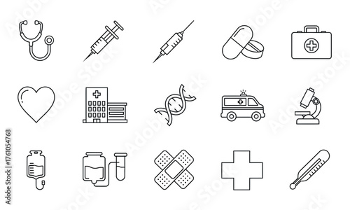 Collection of minimalist medical and healthcare line icons for web and graphic design. Vector illustration set with hospital symbols