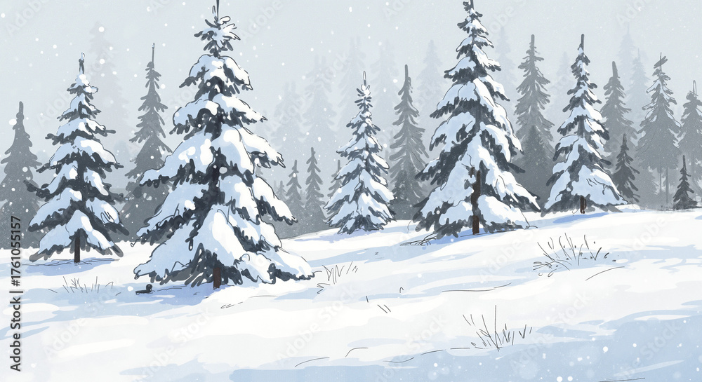 Fototapeta premium Snow-covered pine trees in a winter landscape with soft light 