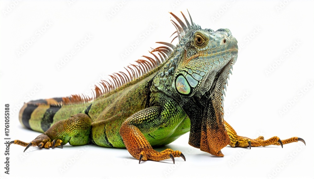 Obraz premium Colorful iguana with green, orange, and brown scales in crawling stance against white background for editorial wildlife photography reptile anatomy design and poetic adaptation-themed visuals