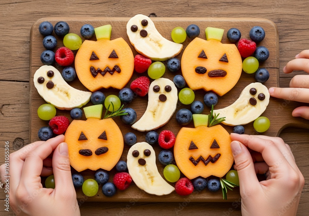 Fototapeta premium Creative Healthy Halloween Fruit Art Board with Pumpkin Faces and Banana Ghosts – Fun Family Snack Preparation.