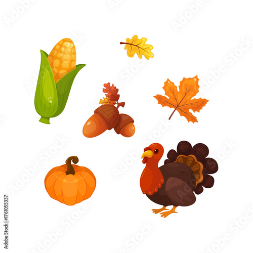 Vector collection of Thanksgiving images on white background. Autumn holidays. Cartoon style and bright colors.