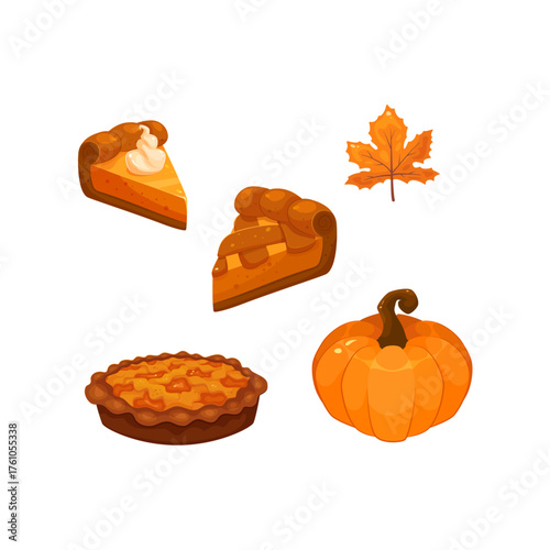 Vector collection of Thanksgiving images on white background. Autumn holidays. Cartoon style and bright colors.