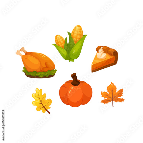 Vector collection of Thanksgiving images on white background. Autumn holidays. Cartoon style and bright colors.