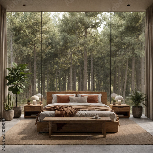 A modern bedroom with large windows overlooking a forest. The room features a wooden bed, bedside tables, and indoor plants. Natural light fills the space.
