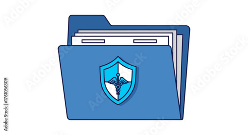 medical file security safeguarding patient data in a secure digital folder with a caduceus shield conveying healthcare privacy and data protection compliance.