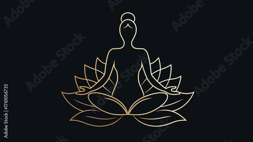 Elegant golden outline of a woman meditating in lotus pose on a stylized lotus flower, representing yoga, peace, and mindfulness.