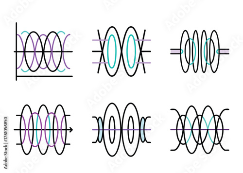 Various arrangements of overlaid ellipses and curves with teal and purple accents