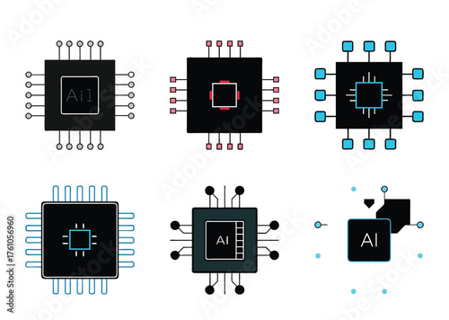 Set of six stylized computer chips or processors with AI technology label