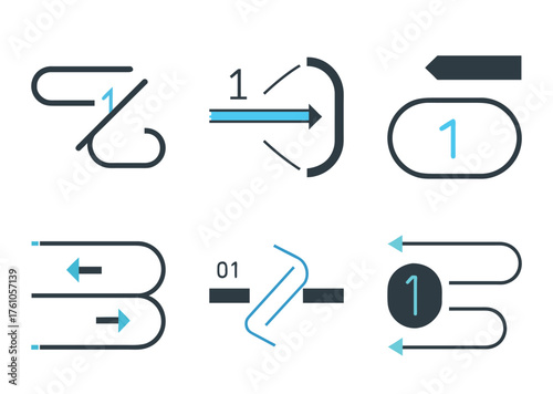 Illustration of various abstract flow diagram elements including number one, arrows, shapes