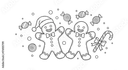 Two happy gingerbread men with santa hat and candy cane surrounded by festive christmas candies and snowflakes for coloring