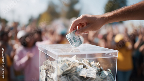 Hand placing money into a donation box before a crowd. Charity, fundraising, or investment concept. Use for campaigns, nonprofits, finance, giving back, and community.